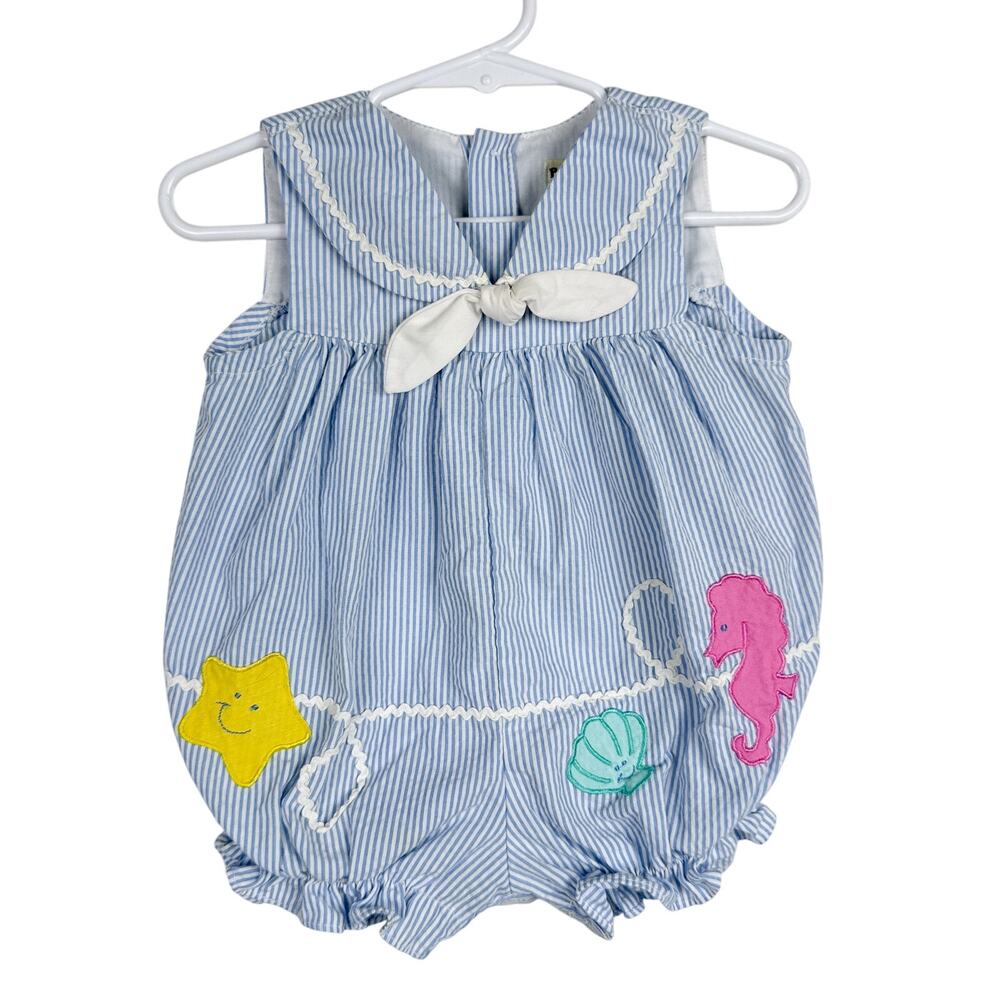 Vtg 90s Baby Togs Bubble Romper Sailor Blue Stripe - 3-6 Months